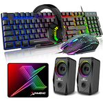 5 in 1 Wired Gaming Keyboard Mouse Headphone and Speaker Combo with Multi RGB Backlight Ergonomic 104 Key Adjustable Mic 2400DPI Mice Large Mousepad Waterproof for PC Mac Gamer Office Typist(Black)