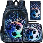 3PCS Kids Backpack for Boys, Water Resistant Soccer Bookbag Set with Lunch Box, Cute School Bag for Preschool Toddler