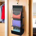 Kuber Industries Hanging Organizer | 6 Pocket Storage Hanger | Handbag Organizer | Hanging Purse for Wardrobe | Transparent Clutch Organizer | Handbag Storage For Closet | Black