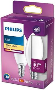 PHILIPS LED Premium Classic Frosted B35 Candle Light Bulb 2 Pack [E14 Small Edison Screw] 4.3W- 40W Equivalent, Warm White (2700K), Non-Dimmable.