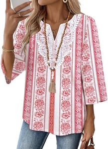 WIHOLL Boho Tops for Women Business Casual Outfits 3/4 Length Sleeve Womens Tops Shirts for Women V Neck Ladies Blouses Dressy Casual Plus Size Clothes Tropical Vacation Fall Outfits 2025 2XL
