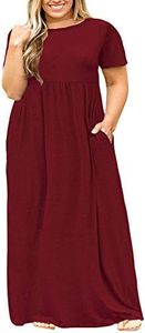 Nemidor Women Short Sleeve Loose Plain Casual Plus Size Long Maxi Dress with Pockets (14,Wine Red)