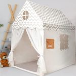 Premium Large Kids Tent Includes Padded Mat, 100% Natural Cotton with Solid Wood Frame, Built-in Unique Mailbox, Playhouse for Girls & Boys, Indoor Outdoor Toddler Tent, Birthday Gift, Gray, J&Joo