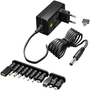 goobay 64569 Adaptador de Fuente Universal 3V - 12V, máx. 18 W/Adaptador de Fuente de alimentación para TV, ruter, Tiras LED/Voltaje Variable/USB C, USB A, Micro USB/Incl. 11 Conectores