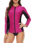 Women's Long Sleeve Rash Guard Zip Front Swimsuits Top UV UPF 50+ Sun Protection Swim Shirt for Women Swimwear Bathing Suit, Fuchsia Black, 6-8