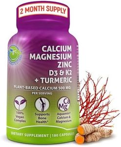 Plant-Based Calcium 500mg (Aquamin) - Vegan Calcium Magnesium Zinc D3 + Vitamin K2, Organic Turmeric & BioPerine - Supports Enhanced Bone Health & Strength for Women and Men - 180 Count