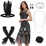 PLULON 1920s Dresses for Women, Sequin Fringed Gatsby Flapper Cocktail Dresses 1920s with 20s Accessories Set, Roaring 20s Costumes