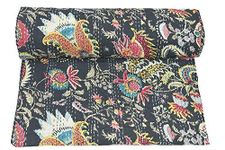 Textile Work Creations TI AMO Bird Print Cotton Handmade Bedspread Kantha Quilt King Size Bohemian Bedspread Kantha Quilt Single (90 X 108 Inches (Queen Size), Black)