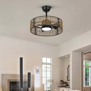 TALOYA 20 Inch Caged Ceiling Fans with Lights Chandelier Remote Control Flush Mount Low Profile for Bedroom Living Room Patio,Reversible,Buzzer Mute,Dimmable Led Light Included,Fandelier,Black