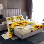 Erosebridal Sunflower Bed Sheets Set Twin,Vintage Bohemian Flower Bedding for Girls Women,Rustic Farmhouse Butterfly Sheet Set,Boho Damask Background Top Sheet,Oil Painting Style Bedding Set,Yellow