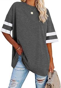 Fisoew Womens Oversized Tees Loose T Shirts Half Sleeve Crew Neck Color Block Cotton Tunic Tops, Dark Grey, Large