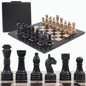 RADICALn 16 Inches Large Handmade Black and Fossil Coral Weighted Marble Full Chess Game Set Staunton and Ambassador Gift Style Marble Tournament Chess Sets -Non Wooden -Non Magnetic -Not Backgammon