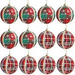 Belle Vous Christmas Baubles (12 Pack) - 8cm Glittering Green and Red Tartan Baubles with String - Xmas Tree Ball Hanging Ornaments for Tree Decorations Holiday Party Indoor Hanging Decoration