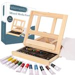 Elements Mixed Media Art Set - Complete 34 Pcs Desktop Easel Painting Kit with Wood Desk Top Easel Box, Acrylic Paints, Desktop, 3 Canvas Boards, Oil Pastels, Gift for Beginner Artists, Kids, Adults