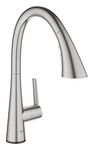 GROHE Zedra Touch Kitchen Tap 1-Lever Sink Mixer, High C-Spout with Touch Operation, Pull-Out Comfort Shower Head and 3 Spray Options, 360° Swivel Range, Stainless Steel Look Water-Saving 30219DC2