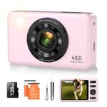 Digital Camera with 128GB SD Card Autofocus 48MP 2.7K Cameras for Photography 16X Digital Zoom Anti Shake 2 Batteries Kids Camera for Beginner Boys Girls Teens Gift-Pink