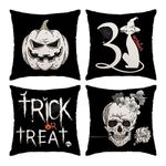 Halloween Pillow Covers 16x16 Set of 4 Trick or Treat Decorative Throw Pillows Cover Black Skull Pumpkin Pillow Cases Home Outdoor Couch Sofa Cushion Covers for Halloween Decor (16 by 16)