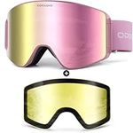 Odoland Ski Goggles Set with Detachable Lens, Frameless Interchangeable Lens Anti-Fog UV Protection Snow Goggles for Men and Women, Helmet Compatible,Revo Pink