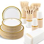 350 Pieces Gold Rim Party Supplies - Disposable Dinnerware Set Include 50 Dinner Plates, 50 Dessert Plates, 50 Cups, 50 Napkins and 50 Cutlery Set for Wedding Baby Shower Engagemen Christmas Party