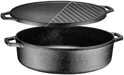 Bruntmor 3-in-1 Pre-Seasoned Cast Iron Skillets with Reversible Grill Griddle Lid - 6.8 Quart Round Deep Roasting Pan for Frying, Grilling, Dutch Oven Cooking - Non-Stick Cast Iron Cookware - Black