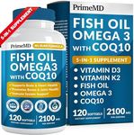 5-in-1 Fish Oil Omega 3 Supplements (2100mg) - Omega 3 Fish Oil with Vitamins D3 & K2 and CoQ10 - EPA DHA Omega 3 Supplement - Lemon Flavored Omega 3 Fatty Acid Supplements - (120 softgels)