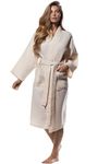 Turquaz Linen Lightweight Long Waffle Kimono Unisex Spa Robes For Women And Men, Beige, One Size