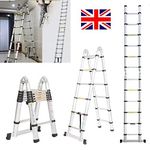 Aluminum 3.8m/12.5ft Folding Telescopic Ladder Extendable 16 Steps, Can Be Straight Or A-Frame Ladder, EN131 Certification, 150KG Capacity