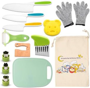 14-Piece Montessori Kitchen Tools Kids Knife Set with Gloves, Cutting Board, Fruit & Vegetable Crinkle Cutters, Safe Serrated Edges, and Plastic Toddler Knives for Real Cooking Experience - Monkey