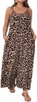 OYOANGLE Women's Plus Size Leopard Print Tie Shoulder Jumpsuits Long Pants Romper with Pocket Brown 4X-Large Plus