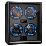 Klarstein Automatic Watch Winder for 4 Watches, Luxury Watch Storage Box, Acrylic Window Display Case, Auto Watch Winder Uk for Men & Women, Blue LED, 4 TPD Settings, Spring Tension Watch Winder Motor