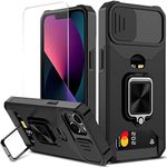 Nvollnoe for iPhone 13 Case with Sliding Camera Cover and Card Holder Heavy Duty Protective for iPhone 13 Case with Screen Protector Magnetic Kickstand Phone Case for iPhone 13(Black)