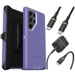 OtterBox Galaxy S23 Ultra (Only) Bundle: - Defender Series Case - Mountain Majesty (Purple) - Rugged & Durable - with Port Protection - Holster Clip Included - USB-C to USB-C Wall Charging Kit, 20W.