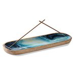 Incense Holder or Insence Burner Holder, Modern Incense Ash Catcher or Insense Stick Holder for Home Décor, Wooden Incense Tray for Sticks, Mango Wood Trough, Blue