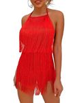 Sexy Backless Fringe Dress Jumpsuit - Womens Club Boho Tassel Tiered Halter Playsuit Festival Bodysuit Romper, Red, X-Small