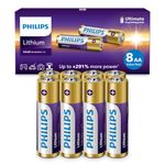 PHILIPS Lithium AA Batteries, 1.5v High Capacity Lithium Double A Battery, (8 Pack) for Blink Outdoor Camera Batteries, Alarm, Doorbell, Flashlight, Long Lasting L91 Batteries, [Non-Rechargeable].