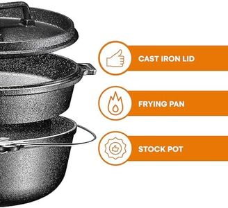 Bruntmor Pre Seasoned Cast Iron 7 Piece Cookware Set - Bundle Includes Grill Pans, Dutch Oven, Multi Cooker, Chainmail, Capmag Beer Opener, and Cap Catcher - Ideal for Indoor Cooking or Camping