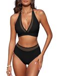 ZAFUL 2024 High Waisted Bikini Sets for Women Swim Suits Two Piece Swimsuit Sexy Bathing Suit Halter Swimsuits Mesh Bikinis, Black, XL