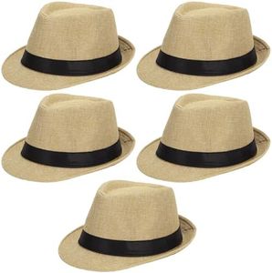 Ultrafun 5 Pack Short Brim Fedora Classic Summer Beach Sun Hat Panama Straw Cap for Men Women (Medium, 5Pack-Beige)