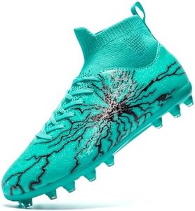 HRJR Men's Soccer Cleats Football Cleats for Unisex-Adult High-Top Spikes Shoes for Youth Big Boys Lightweight Professional Training Turf Outdoor Athletic Sneaker Black 6.5 Blue 7