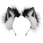 BNLIDES Handmade Fur Fox Wolf Cat Ears Headwear Women Men Cosplay Costume Party Cute Head Accessories for Halloween (Black White)