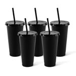 Reusable Glitter Cups with Lids and Straws Plastic Tumblers Travel Mugs for Adults to Drink Water Coffee Smoothie Beverages at Parties-710ml Pack of 5 Black