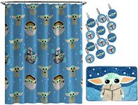 Jay Franco Star Wars The Mandalorian Blue Space 14 Piece Bathroom Set - Includes Shower Curtain, 12 Hooks, & Non-Slip Bath Rug - Easy Care Fabric Features Baby Yoda (Official Star Wars Product)