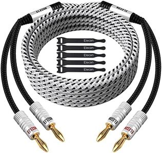 Elecan 14 AWG Speaker Cable Wire 10 Feet with Gold-Plated Banana Tip Plugs-CL2 Rated-in Wall-Heavy Duty Nylon Braided, Oxygen-Free Copper (OFC)-White-with 5 Cable Ties