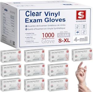 Schneider Clear Vinyl Exam Gloves, 4-mil, Large 1000-ct Case, Latex-Free, Disposable Gloves, Medical Gloves, Cleaning Gloves, Food Prep Gloves, Food Safe Rubber Gloves, Powder-Free, Non-Sterile
