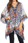 Sakkas 1825 - Aymee Women's Caftan Poncho Cover up V Neck Top Lace up with Rhinestone - TW18-White - OS