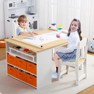 GarveeHome Kids Art Table and Chairs Set, Living and Learning Kids' Art Table and Stool Set with Large Storage Desk and Portable Art Supply Organizer, Kids Activity Table, Drawing and Painting Desk