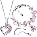 Yaomiao Christmas Unicorns Gifts for Girls Jewelry set Unicorn Crystal Necklaces Heart Charm Bracelets for Girls Women Jewelry with Silver Snake Chain Bracelet Greeting Card Unicorn Gift Box(Pink)