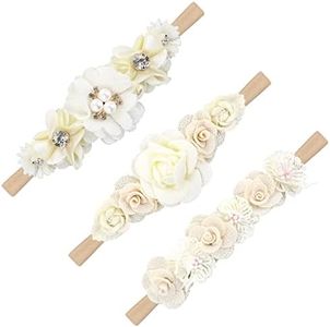 3 Pièces Bandeau Bebe Fille 0-3 mois Nylon Bandeau Floral Bébé Fleur Elastique Bandeau Nouveau Né Fille Arc Torsion Enfant en Bas Age Cheveux Accessoires Couronne Fleur Bande de Cheveux Bébé Fille