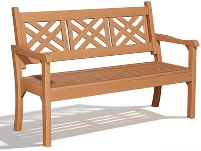 Psilvam 54''W All-Weather Poly Lumber Outdoor Bench, 3-Person Garden Bench with Decorative Backrest & Curved Armrests, Anti-Rot & Fade-Free Patio Bench for Porch, Backyard(Teak Color)