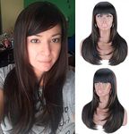 Kalyss Heat Resistant Yaki Human Hair Blended Wig with Hair Bangs Long Straight Layered Black Wigs with Brown Highlights Natural Looking Centre Parting Hair Replacement Wigs for Women